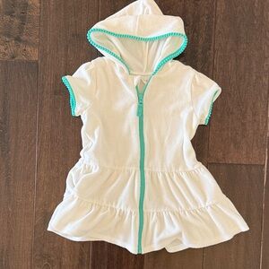 Cat and Jack Toddler Girl White Hooded Zip up Terry swim cover up with Teal Trim